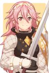 1girl closed_mouth fire_emblem fire_emblem_fates gloves highres holding holding_sword holding_weapon long_hair long_sleeves pink_hair rere_(yusuke) simple_background soleil_(fire_emblem) solo sword upper_body weapon yellow_background 