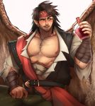  1boy abs art_cerealex bandages bara beard belt bottle brown_eyes brown_hair bulge chest facial_hair feathered_wings fire_emblem fire_emblem_heroes headband highres male_focus manly muscle mustache nipples open_mouth pants pectorals pointy_ears scar smile solo tibarn_(fire_emblem) wings 