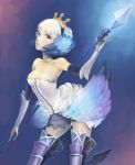  arched_back armor armored_dress bare_shoulders blue_background boots breasts choker cleavage crown detached_sleeves dress face feathers gwendolyn odin_sphere polearm purple_eyes short_hair solo spear thigh_boots thighhighs toshi toshi_(tsujigiri_style) weapon white_hair 