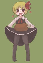  1girl aoi_tobira blonde_hair boned_meat bow dress dress_hold dress_lift food hair_bow heart meat no_shoes pantyhose red_eyes rumia saliva short_hair skirt_basket touhou 