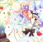  closed_eyes flower hairband hat highres hug konpaku_youmu petals pink_hair ribbon rose rose_petals saigyouji_yuyuko short_hair silver_hair sleeping thighhighs thorns touhou white_hair 