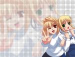  2girls arcueid_brunestud blonde_hair company_connection crossover fate/stay_night fate_(series) green_eyes red_eyes saber tsukihime v wallpaper wink zoom_layer 
