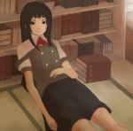  black_hair book bookshelf leaning_back library long_hair lying oboru_konbu original reclining school_uniform smile strap_slip tatami 