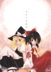  back_to_back black_hair blonde_hair detached_sleeves hakurei_reimu hat japanese_clothes kirisame_marisa loki long_hair miko ribbon ribbons sitting touhou witch_hat 