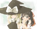  blonde_hair blush brown_eyes brown_hair detached_sleeves hakurei_reimu hand_holding hand_over_mouth hat holding_hands kirisame_marisa long_hair maromi_(am97) maromi_(artist) multiple_girls rain touhou witch_hat yellow_eyes 