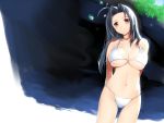  arms_behind arms_behind_back bikini blue_hair blush breasts erect_nipples hima idolmaster large_breasts long_hair miura_azusa navel outdoors red_eyes smile standing swimsuit under_boob underboob wallpaper 