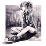 all_star dennou_coil glasses iwai_ryo iwai_ryou monochrome realistic shoes short_hair sitting sneakers solo twintails 