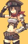  belt brown_eyes brown_hair elbow_gloves fantasy_earth_zero fingerless_gloves gauntlets gloves hand_on_hip hat midriff neckerchief scout smile tanaka_(cow) thighhighs zettai_ryouiki 