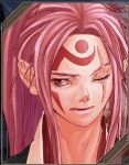  ears frown guilty_gear japanese_clothes lips lowres official_art one-eyed pink_eyes pink_hair portrait scar tattoo wince 