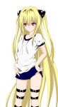  blonde_hair blush buruma garters golden_darkness gym_uniform hair_ornament highres konjiki_no_yami long_hair miyagoe miyagoe_yoshitsuki red_eyes shirt shorts standing thigh_strap to_love-ru toloveru twintails very_long_hair 