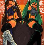 between_breasts black_legwear boots breasts brown_hair bun_cover chun-li double_bun gloves green_hair hair_ornament hatsune_miku large_breasts long_hair midriff multiple_girls navel necktie okera pleated_skirt red_eyes skirt smile street_fighter streetfighter thick_thighs thighhighs thighs twintails very_long_hair vocaloid zettai_ryouiki 