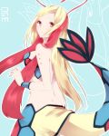  1girl antennae blonde_hair blue_background breasts butt_crack highres long_hair looking_back milotic multicolored_hair personification pink_hair pokemon red_eyes solo tail takeshima_(nia) two-tone_hair 