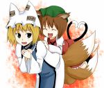  blonde_hair blush brown_hair cat cat_ears cat_tail chen china_dress chinadress chinese_clothes closed_eyes fox fox_ears fox_tail green_eyes hat heart heart_tail heart_tails open_mouth ribbon smile tail touhou yakumo_ran 