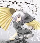  cherry_blossoms dual_wielding fan folding_fan grey japanese_clothes kimono long_hair satomi silver_hair 