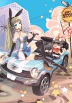  &gt;_&lt; 1girl :p animal_ears bare_shoulders black_gloves black_legwear blue_eyes boots breasts brown_hair car cleavage cleavage_cutout elbow_gloves fake_animal_ears feiwing fingerless_gloves gloves goggles headphones headset helmet high_heels highres long_hair motor_vehicle original parasol ponytail rabbit rabbit_ears racequeen shoes sign solo stop_sign thigh-highs thigh_boots tongue umbrella vehicle 