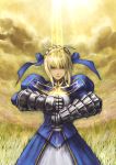  armor blonde_hair cloud clouds fate/stay_night fate_(series) field green_eyes masankaku ribbon saber sky sword weapon 