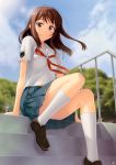  brown_hair fomalhaut highres hoshino_yuumi kimi_kiss kneehighs school_uniform sitting socks stairs tanaka_shoutarou 