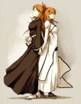  back_to_back bleach commentary dress dual_persona hand_holding holding_hands inoue_orihime japanese_clothes long_hair melissa_somerville orange_eyes orange_hair size_difference time_paradox 