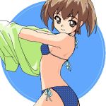  back bikini brown_hair flat_chest grey_eyes looking_back shirt_lift short_hair short_twintails side-tie_bikini smile solo swimsuit twintails undressing 