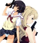  back-to-back back_to_back black_hair blonde_hair blue_eyes desert_eagle gun handgun long_hair looking_back mireille_bouquet multiple_girls noir panties pistol red_eyes saipaco school_uniform short_hair skirt skirt_lift sleeveless underwear weapon white_panties yuumura_kirika 