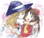  2sox[black] blonde_hair brown_eyes brown_hair gohei hakurei_reimu hat hug japanese_clothes kirisame_marisa miko multiple_girls rough touhou witch_hat yellow_eyes 