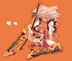  1girl blade_(artist) blade_(lovewn) couple elf height_difference orange_background orange_eyes original pig pointy_ears red_hair redhead simple_background sword weapon white_hair 