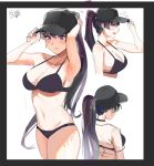  1girl asymmetrical_bangs bangs baseball_cap bikini black_bikini black_hair blue_headwear blush breasts earrings glory_emblem hat high_ponytail jewelry large_breasts long_hair looking_at_viewer multiple_views ormille ponytail smile swimsuit thighs violet_eyes wendy_(glory_emblem) white_background 