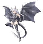  1girl absurdres baniran_dorosu bare_shoulders blue_eyes clenched_hand closed_mouth covered_nipples dragon_girl dragon_horns dragon_tail dragon_wings flying flying_sweatdrops gauntlets grey_legwear grey_leotard hair_between_eyes high_heels highres horns leotard long_hair original personification simple_background slit_pupils solo tail white_background white_hair wings 