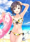  1girl :d antenna_hair arm_up armpits ass_visible_through_thighs ayumi_(as0206) bangs bare_arms bare_shoulders beach bikini black_eyes blue_sky blush breasts brown_hair clouds cloudy_sky collarbone commentary_request cowboy_shot day floral_print frilled_innertube frills front-tie_bikini front-tie_top groin hair_between_eyes hair_ornament hand_in_hair highres holding horizon idolmaster idolmaster_million_live! idolmaster_million_live!_theater_days innertube kikuchi_makoto lemon_print looking_at_viewer navel ocean open_mouth outdoors pink_innertube print_bikini short_hair side-tie_bikini sky small_breasts smile solo starfish_hair_ornament swimsuit thigh_gap water 