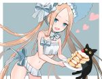  1girl abigail_williams_(fate/grand_order) abigail_williams_(swimsuit_foreigner)_(fate) bangs bare_shoulders bikini black_cat blonde_hair blue_eyes blush bonnet bow breasts cat fate/grand_order fate_(series) food forehead fran_(yuliwei2012) hair_bow highres long_hair looking_at_viewer miniskirt navel open_mouth pancake parted_bangs sidelocks skirt small_breasts smile swimsuit twintails very_long_hair white_bikini white_bow white_headwear 