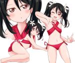  1girl ;d bangs bikini black_hair breasts floating_hair flower hair_between_eyes hair_flower hair_ornament head_tilt highres long_hair looking_at_viewer love_live! love_live!_school_idol_project lying on_side one_eye_closed open_mouth parted_lips red_bikini red_eyes red_ribbon ribbon side-tie_bikini simple_background small_breasts smile standing swimsuit twintails wewe white_background white_flower yazawa_nico 