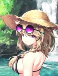  1girl :t animal_ear_fluff animal_ears arknights bangs bare_shoulders bikini braid breasts brown_hair commentary eyewear_on_head grey_bikini hair_between_eyes hat large_breasts ling_huanxiang long_hair looking_at_viewer single_braid solo sun_hat sunglasses swimsuit upper_body utage_(arknights) violet_eyes water waterfall 