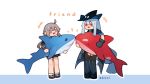  2girls ahoge ak4ci alternate_skin_color arknights artist_name crossover english_text girls_frontline happy hat m200_(girls_frontline) multiple_girls orca shark simple_background skadi_(arknights) stuffed_animal stuffed_toy 