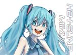  1girl blue_eyes blue_hair character_name chromatic_aberration close-up hatsune_miku highres looking_to_the_side open_mouth smile solo takumi-macky vocaloid white_background 