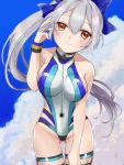  1girl adjusting_hair bare_shoulders blue_bow blue_sky blue_swimsuit blush bow breasts clouds collarbone commentary_request fate/grand_order fate_(series) grey_hair hair_between_eyes hair_bow head_tilt highleg highleg_swimsuit highres large_breasts leaning_forward looking_at_viewer one-piece_swimsuit red_eyes sky smile solo swimsuit thigh_strap tomoe_gozen_(fate/grand_order) tomoe_gozen_(swimsuit_saber)_(fate) yukiirokumokakusi 
