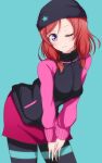  1girl ;) bent_over black_cardigan black_headwear black_legwear blue_background cardigan closed_mouth hat highres leaning_forward long_hair long_sleeves looking_at_viewer love_live! love_live!_school_idol_project nishikino_maki one_eye_closed pantyhose pink_sleeves print_headwear redhead shiny shiny_hair simple_background smile solo star_(symbol) star_print violet_eyes wewe 