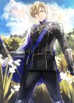  1boy absurdres armor artist_name bangs black_pants blonde_hair blue_cape blue_eyes blue_sky blurry cape closed_mouth clouds cloudy_sky commentary cowboy_shot day depth_of_field dimitri_alexandre_blaiddyd fire_emblem fire_emblem:_three_houses flower garreg_mach_monastery_uniform gloves grass highres holding holding_weapon kanniepan long_sleeves looking_at_viewer male_focus nature outdoors pants serious sheath sheathed short_hair shoulder_armor shoulder_plates sky solo standing sword tree weapon white_flower 