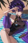  1girl absurdres armlet bangs bare_shoulders black_swimsuit breasts covered_navel fate/grand_order fate_(series) flower hair_flower hair_ornament hair_up highleg highleg_swimsuit highres hood_(james_x) large_breasts long_hair looking_at_viewer murasaki_shikibu_(fate) murasaki_shikibu_(swimsuit_rider)_(fate) one-piece_swimsuit purple_hair shawl smile swimsuit thighs tied_hair violet_eyes 