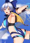  1girl armpits ass bangs blue_bow blue_jacket blue_sky blue_swimsuit blush bow breasts fate/grand_order fate_(series) hair_between_eyes hair_bow highleg highleg_swimsuit highres jacket kuroshiro_(ms-2420) large_breasts long_hair looking_at_viewer one-piece_swimsuit open_mouth ponytail red_eyes short_sleeves silver_hair sky smile swimsuit thighs tomoe_gozen_(fate/grand_order) tomoe_gozen_(swimsuit_saber)_(fate) two-tone_swimsuit white_swimsuit 