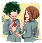  blush blush_stickers boku_no_hero_academia border brown_background brown_eyes brown_hair commentary_request freckles green_eyes green_hair grey_blazer highres looking_at_another messy_hair midoriya_izuku nakamu_405 necktie open_mouth red_neckwear school_uniform short_hair sidelocks sweatdrop translation_request twitter_username u.a._school_uniform uraraka_ochako white_border 