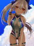 1girl adjusting_hair bare_shoulders blue_bow blue_sky blue_swimsuit blush bow breasts clouds collarbone commentary_request fate/grand_order fate_(series) grey_hair hair_between_eyes hair_bow head_tilt highleg highleg_swimsuit highres large_breasts leaning_forward looking_at_viewer one-piece_swimsuit red_eyes sky smile solo swimsuit thigh_strap tomoe_gozen_(fate/grand_order) tomoe_gozen_(swimsuit_saber)_(fate) yukiirokumokakusi 