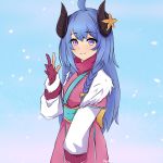  1girl absurdres ahoge alternate_costume alternate_eye_color alternate_hair_color alternate_hairstyle blue_hair curled_horns fingerless_gloves flower fur gloves hair_between_eyes hair_flower hair_ornament highres horns japanese_clothes kindred lamb_(league_of_legends) league_of_legends long_hair looking_at_viewer partly_fingerless_gloves ribbon simple_background smile spirit_blossom_kindred twintails user_cejc2328 violet_eyes waving_arms white_fur 