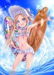  1girl abigail_williams_(fate/grand_order) abigail_williams_(swimsuit_foreigner)_(fate) absurdres arm_up armpits bangs bare_shoulders bikini blonde_hair blue_eyes blue_sky blush bonnet bow braid breasts fate/grand_order fate_(series) forehead hair_bow hair_rings harusame_yuuki highres innertube long_hair looking_at_viewer miniskirt navel ocean open_mouth parted_bangs sidelocks skirt sky small_breasts smile sparkle swimsuit thighs twin_braids twintails very_long_hair wading white_bikini white_bow white_headwear 