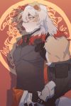  1boy animal_ears arknights bangs bara brown_fur chest dog_boy dog_ears from_side furry hachi_duchi highres horns hung_(arknights) long_hair male_focus manly multicolored_hair muscle orange_hair single_horn solo streaked_hair two-tone_fur upper_body white_fur white_hair 