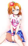  1girl bangs between_legs black_ribbon blue_eyes blue_skirt collarbone flower hair_between_eyes hair_flower hair_ornament hand_between_legs hands_on_own_crotch happy_maker! high_ponytail kousaka_honoka long_hair love_live! love_live!_school_idol_project miniskirt neck_ribbon orange_hair plaid plaid_skirt pleated_skirt print_shirt red_flower ribbon shiny shiny_hair shirt side_ponytail sitting skirt solo t-shirt wewe white_background white_shirt 