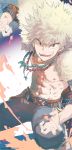  1boy abs alternate_costume areolae bakugou_katsuki belt blonde_hair boku_no_hero_academia commentary_request earrings fingernails highres jewelry looking_at_viewer male_focus melso necklace open_mouth pants red_eyes shirtless shoes smile solo spiky_hair teeth tongue watermark 