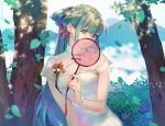  1girl alternate_hairstyle bangs bracelet breasts chinese_clothes covering_mouth dappled_sunlight day dolnamu eyelashes falling_leaves fan flower green_eyes green_hair green_ribbon hair_flower hair_ornament half_updo hatsune_miku holding holding_fan jewelry leaf leaning_to_the_side light_particles long_hair looking_at_viewer nature paper_fan ribbon short_sleeves sidelocks solo sunlight tassel transparent tree uchiwa upper_body vocaloid 