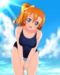  1girl bangs bent_over blue_eyes blue_sky blue_swimsuit blurry blurry_background breasts clouds collarbone cowboy_shot day hair_between_eyes head_tilt high_ponytail highres kousaka_honoka long_hair looking_at_viewer love_live! love_live!_school_idol_project medium_breasts orange_hair outdoors school_swimsuit shiny shiny_hair side_ponytail sky solo standing sunlight swimsuit thigh_gap wewe 