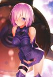  1girl absurdres armor arms_behind_back bangs bare_shoulders blush breasts closed_mouth elbow_gloves eyebrows_visible_through_hair fate/grand_order fate_(series) garter_straps gloves hair_over_one_eye highres leotard looking_at_viewer mash_kyrielight medium_breasts pink_hair scan shield short_hair simple_background sleeveless smile solo takeuchi_takashi thighs violet_eyes 