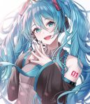 1girl :d bare_shoulders blue_eyes blue_hair breasts collared_shirt detached_sleeves frilled_shirt frills grey_shirt hair_between_eyes hair_ornament hands_up hatsune_miku headphones highres long_hair long_sleeves looking_at_viewer mairo nail_art nail_polish necktie open_mouth shirt shoulder_tattoo small_breasts smile solo steepled_fingers tattoo twintails upper_body vocaloid 